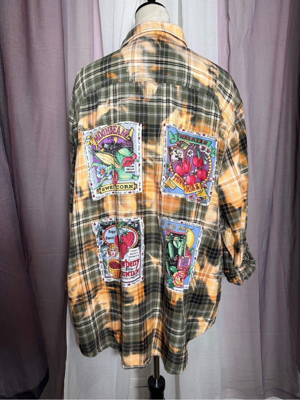 Up-cycled Plaid Flannel Shirt with Vintage Garden Graphic Patch Back